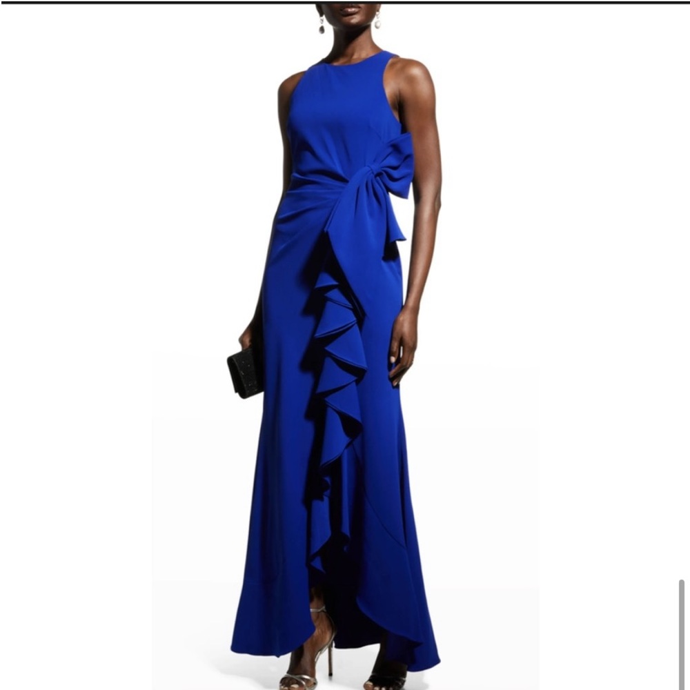 Badgley Mischka Cobalt Blue Silk Crepe Ruffle Floor Length Gown